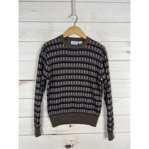 Jean Bell Sweater Womens Medium Brown Fair Isle Knit Crewneck Retro Pullover